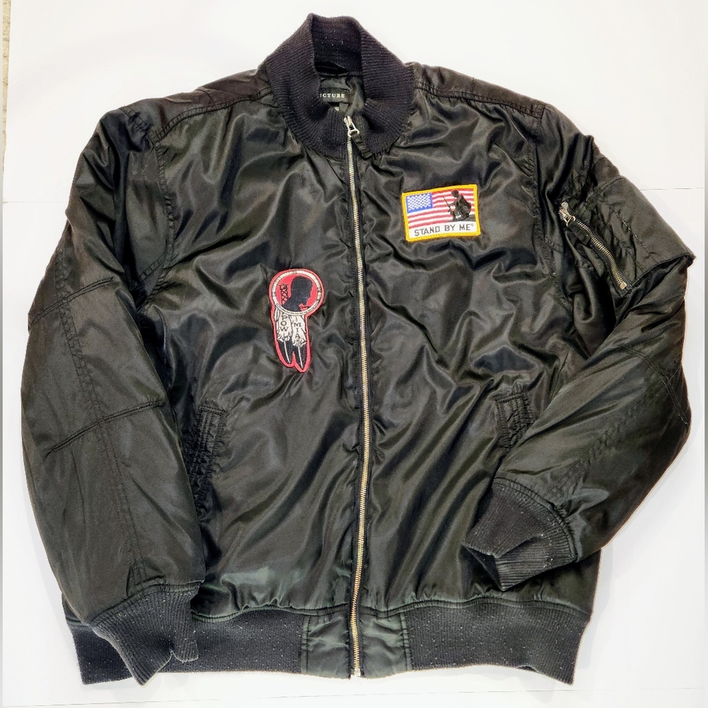 Structure Mens Bomber Jacket Black Size XL Satin Cuatom Patch Military POW 0172